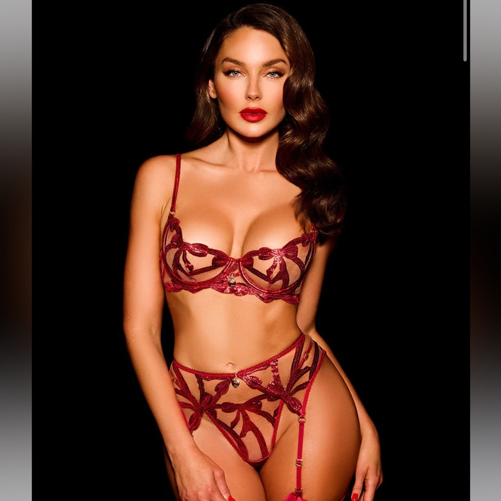 Honey Birdette Red Lace Bra, Garter - Picture 2 of 4